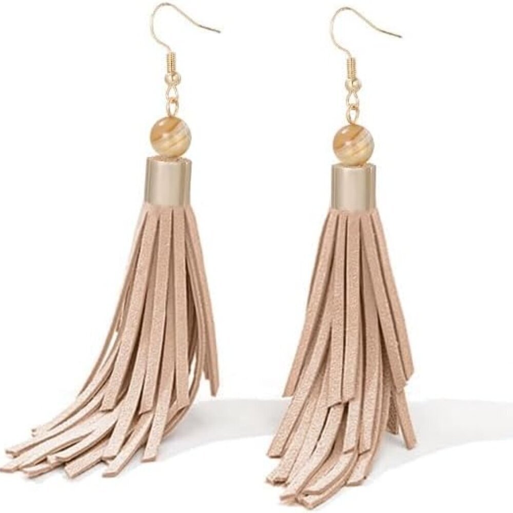 Leather Tassel Earrings Boho Dangle Lightweight Handmade Natural Gift